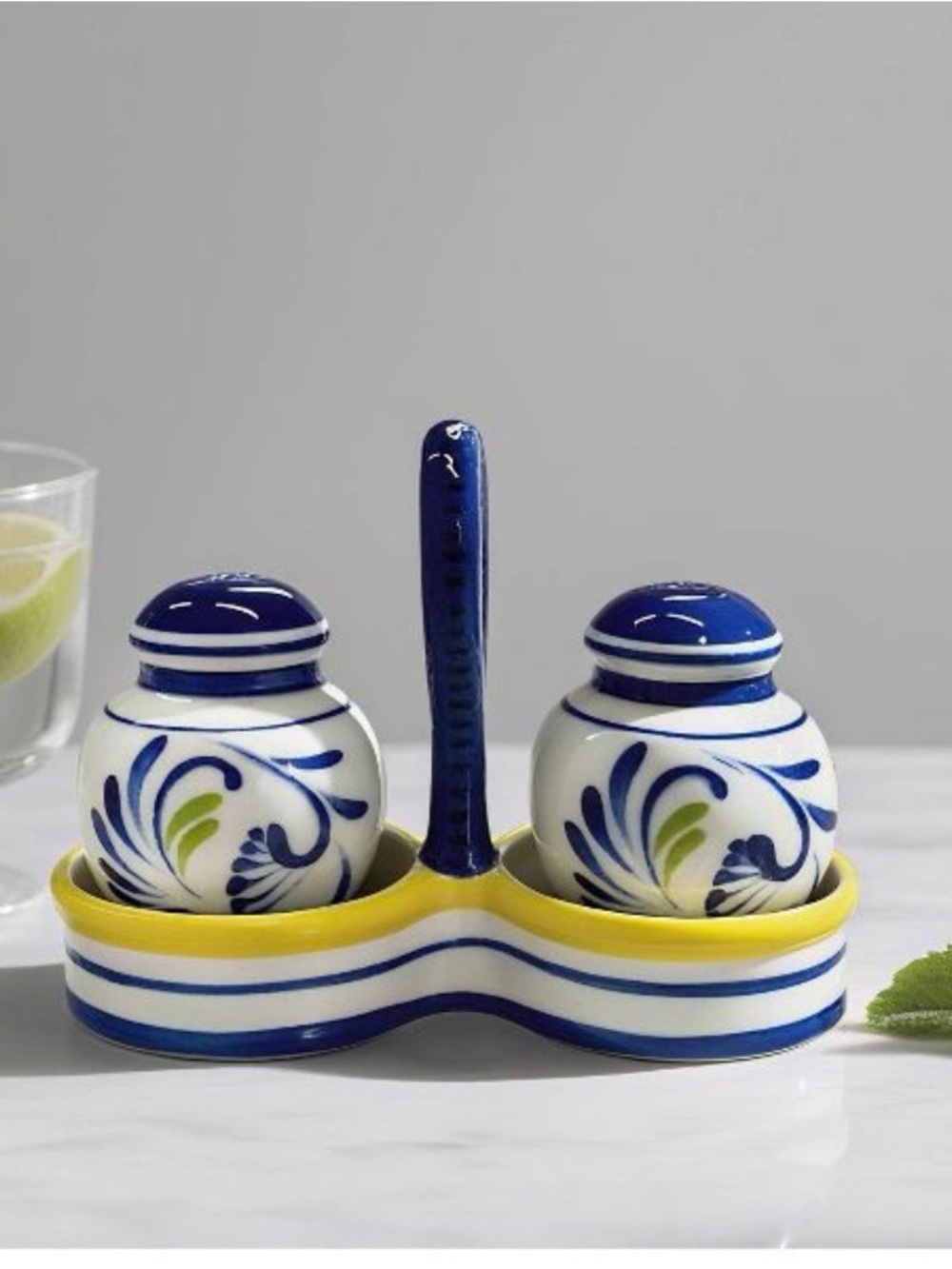 Blue & Yellow Ceramic Salt and Pepper Set with Double Holder